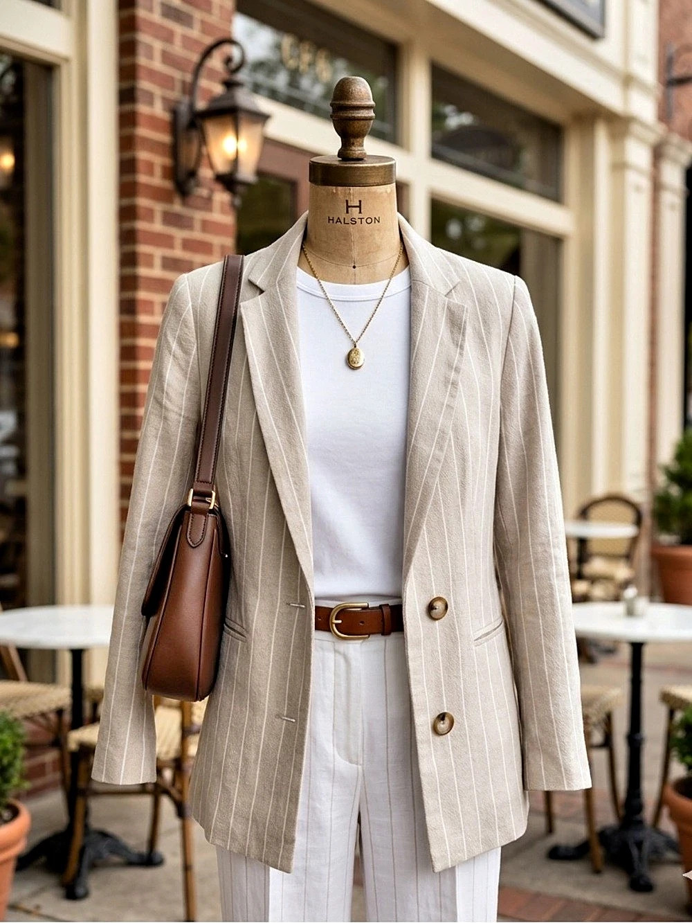 Halston Striped Blazer in Beige & White Size Small Like New